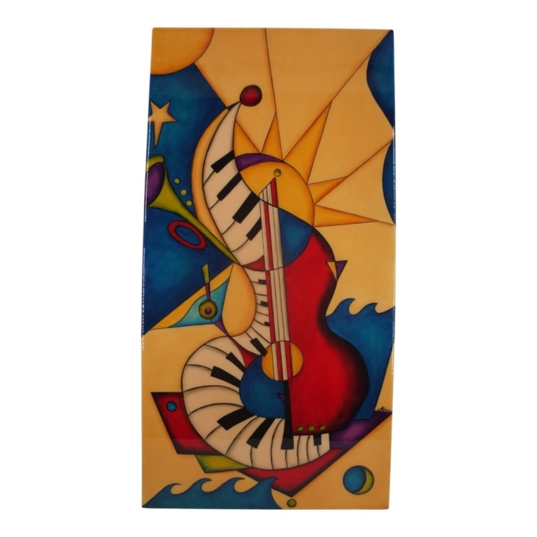 Mira (Miami) Mixed Media "South Beach Melody": Mira (Miami, 21st C) Pop Art Mixed Media "South Beach Melody". The work comprised of bowed wood painted with acrylic paint and a resin coating. Signed, titled and dated 2006 verso. Measures 47" H x