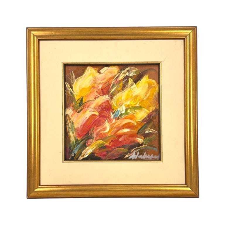 Style of Angela Wakefield O/C Abstract Still Life: In Style of Angela Wakefield, UK (b. 1978) Oil on Canvas "Abstract Still Life" Signed illegibly lower right. Measures 11-3/4" x 11-3/4", frame measures 20" x 20". Condition: Good condition. Estimate