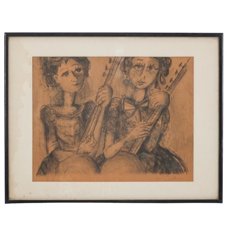 Mid Century Artist Proof Lithograph: Mid Century Artist Proof Lithograph on Paper "Two Musicians" Signed A. Daphne? Lower Right. Sight measures 10-3/8" x 13-3/8". Frame 14-1/4" x 18-1/4". Condition: Good condition. Estimate 50 - 150