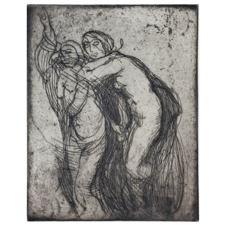 Edmond Aman-Jean Etching "Two Women": Edmond Francois Aman-Jean (1858/60 - 1936) Etching "Two Women" Pencil signed, watermark: Normandy Vellum. Unframed. Full sheet measures 25-3/8" x 20-1/4". Condition: Toning and very light foxing to