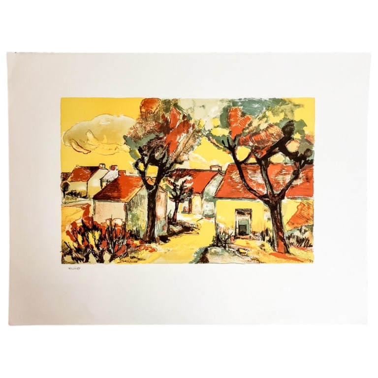 Eliane Thiollier, French (1926 - 1989): Eliane Thiollier, French (1926 - 1989) color lithograph on paper. "Village Scene" signed lower right. unframed. Measures: 20 x 26-3/8". Condition: small crease lower center. otherwise good condition. 