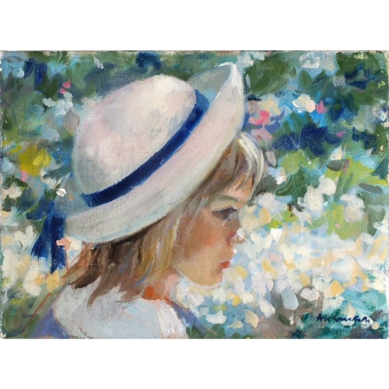 Albert Werner (20 C) Oil/Canvas, Young Girl in Hat: Albert Werner, German (20 C) Oil on Canvas "Young Girl in Hat". Signed lower right, inscribed with name and dated '68 to verso. Unframed. Measures 9" x 12". Condition: Good condition. Estimate 60 -