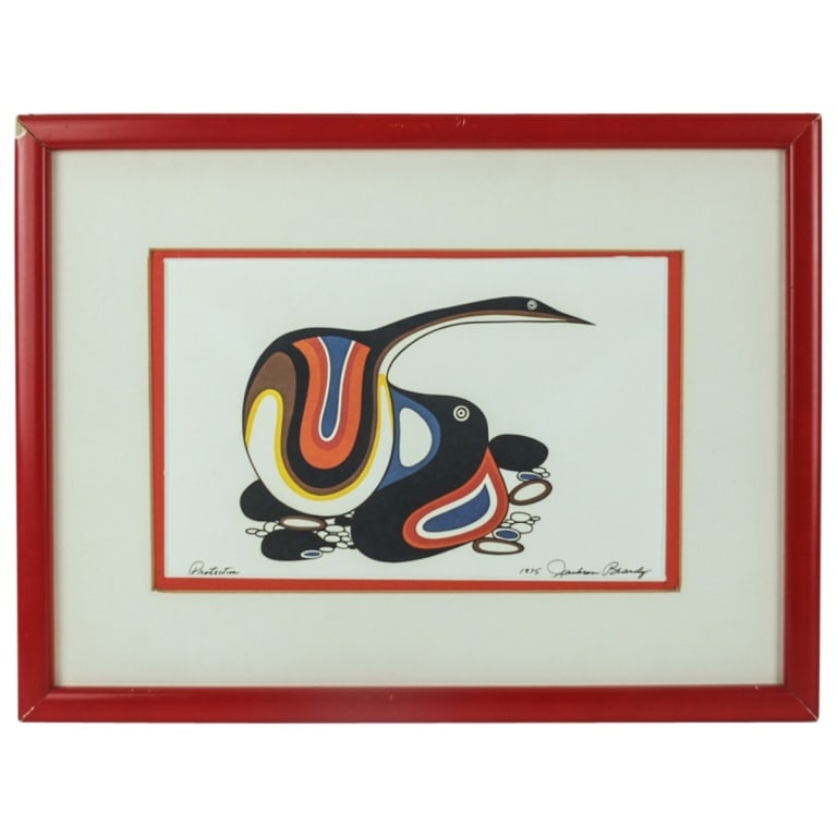 Jackson Beardy, Canadian (1944 - 1984): Jackson Beardy, Canadian (1944 - 1984) Lithograph on Paper "Protection" Signed and Dated 1975 Lower Right. Sight measures 5-1/4" x 5-1/8". Frame Measures 9-7/8" x 13". Condition: frame missing glass