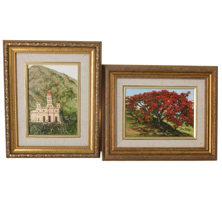 Zoe Cutie (20th Century): Zoe Cutie (20th Century) Grouping of Two Oil on Board Paintings. Frames measure 9" x 11". Condition: Good condition. Estimate 50 - 150 Domestic shipping Third party