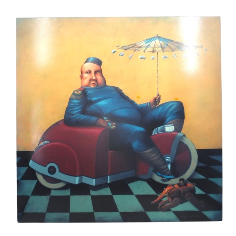 Robert Peluce Acrylic on Canvas "Bellhop": Robert Peluce (American,1937-2004) Acrylic on Canvas "Bellhop". Signed lower right. Unframed. Measures 44" x 44". Condition: Some small spots or in good condition. Estimate 200 - 400 Domestic