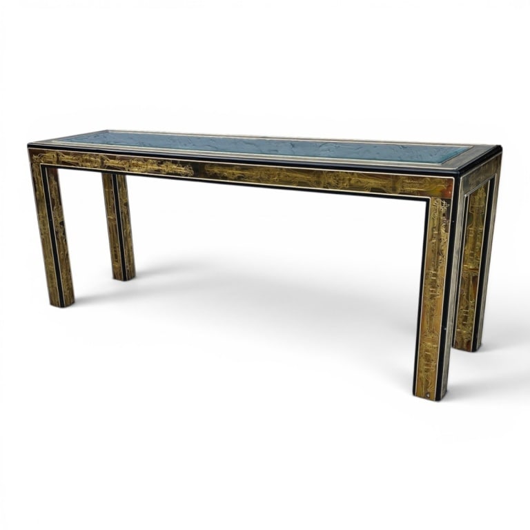 Bernhard Rohne for Mastercraft Console Table: Bernhard Rohne for Mastercraft Acid Etched Glass Top Console Table. Measures 26-1/2" x 64" x 18". Condition: Some small rubbing and paint loss and scuffs to the legs. Estimate 200 - 400 Domestic