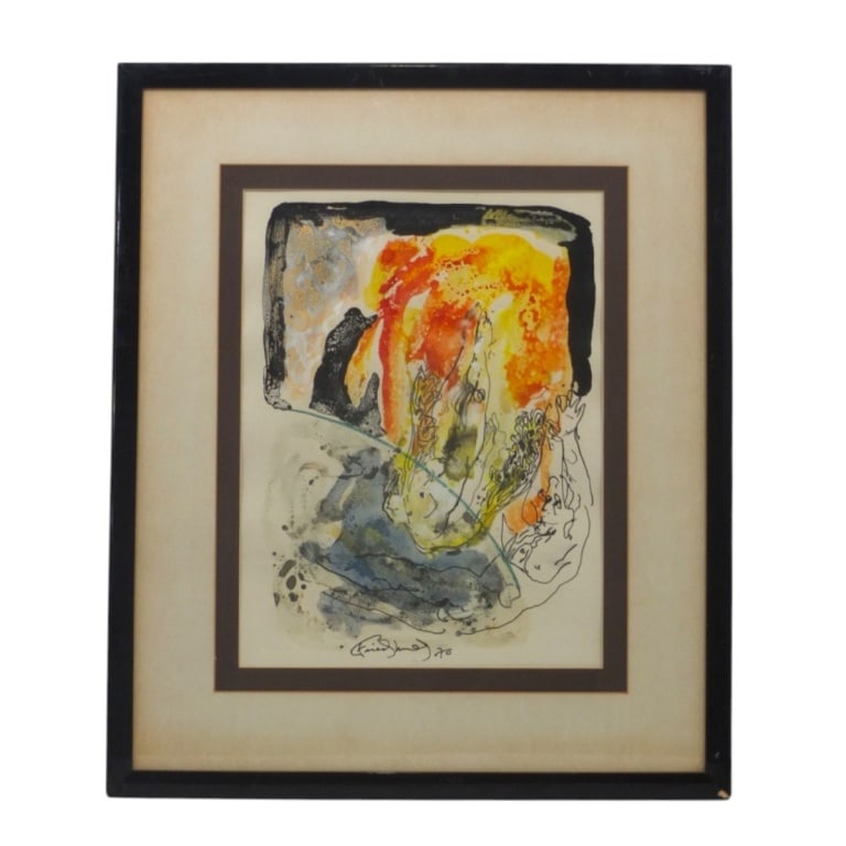 Surrealist Ink & Watercolor "Untitled Composition": Surrealist Ink & Watercolor "Untitled Composition". Signed illegibly and dated '70. Framed and under glass. Measures 16-1/2" x 12-1/2" (sight), frame 25-1/2" x 21-1/2". Condition: Toning or in good