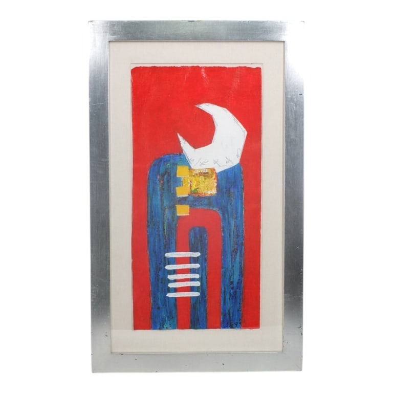 Modern Acrylic on Paper "Abstract Composition": Modern Acrylic on Paper "Abstract Composition". Illegibly signed lower right. Framed under glass. Measures 26" x 12-1/2", frame 34-1/2" x 21". Condition: Good condition. Estimate 100 - 300 Domestic sh