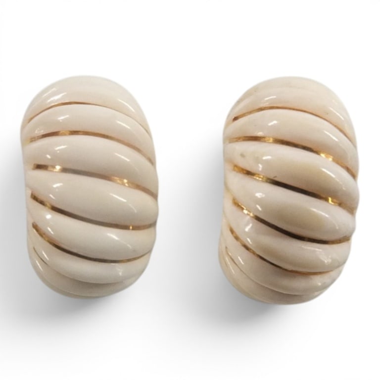 Classic Cream & 14K Gold Huggie Earrings: Pair Classic Cream & 14K Gold Huggie Earrings. Ribbed with gold inlay. Marked 585. Measures 7/8" L x 1/2". Condition: Good condition. Estimate 100 - 200 Domestic shipping Third Party