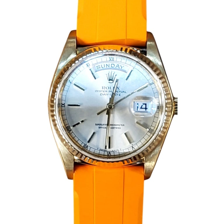 Rolex Presidential Day Date Stainless Steel Watch: Rolex presidential day-date stainless steel watch. Box to accompany the lot. Horus rubber watch strap. Size: 36 mm Please note the gallery does not warranty the running condition of watches.