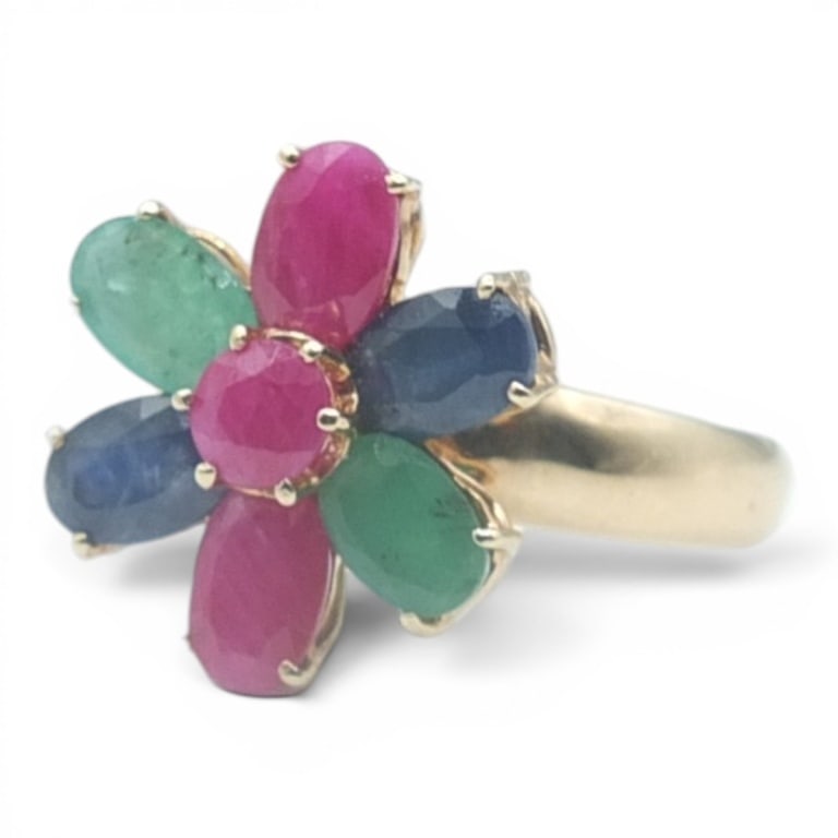 Vintage 14K Ruby, Emerald & Sapphire Ring: Vintage 14 Karat Yellow Gold Ruby, Emerald and Sapphire Flower Shape Ring. Ring size: 6. Approx. weight: 4.2 grams. Condition: Good condition. Estimate 400 - 600 Domestic shipping Third party