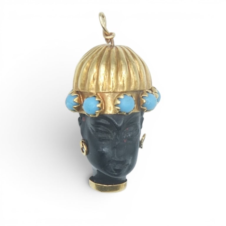 Signed Corletto 18K Blackamoor Pendant: Signed Corletto 18 Karat Yellow Gold Blackamoor Pendant with Inset Turquoise. Stamped. Approx. weight: 4.7 grams. Condition: Good condition. Estimate 800 - 1200 Domestic shipping Third party
