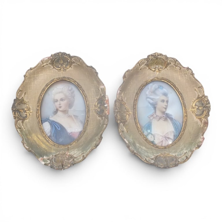 Pair Antique Italian Painted Portraits on Vellum: Pair Antique Italian Painted Portraits on Vellum in Gilt Wood Frames. 1 is artist signed, Made in Italy label. Measures 11" x 8-1/2" overall. Condition: Frames, with losses, split on 1. Estimate 120 -