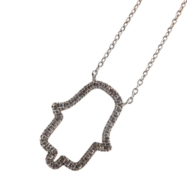 Vintage Sterling & Diamond Hamsa Necklace: Vintage Sterling & Diamond Hamsa Necklace. Stamped 925. Measures 16", pendant 3/4". Condition: Good condition. Estimate 40 - 80 Domestic shipping Third Party