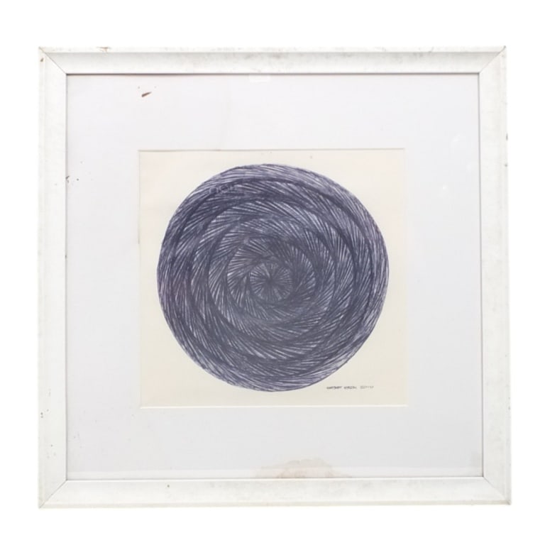 Robert Bray Contemporary Pen Ink Drawing, Untitled: Robert Bray Contemporary Pen Ink Drawing on Paper. "Untitled Composition". Signed and dated 2010 lower right. Framed under glass. Measures 9-3/4" x 10-1/4" (sight), frame 17-1/2" x 18". Condition: