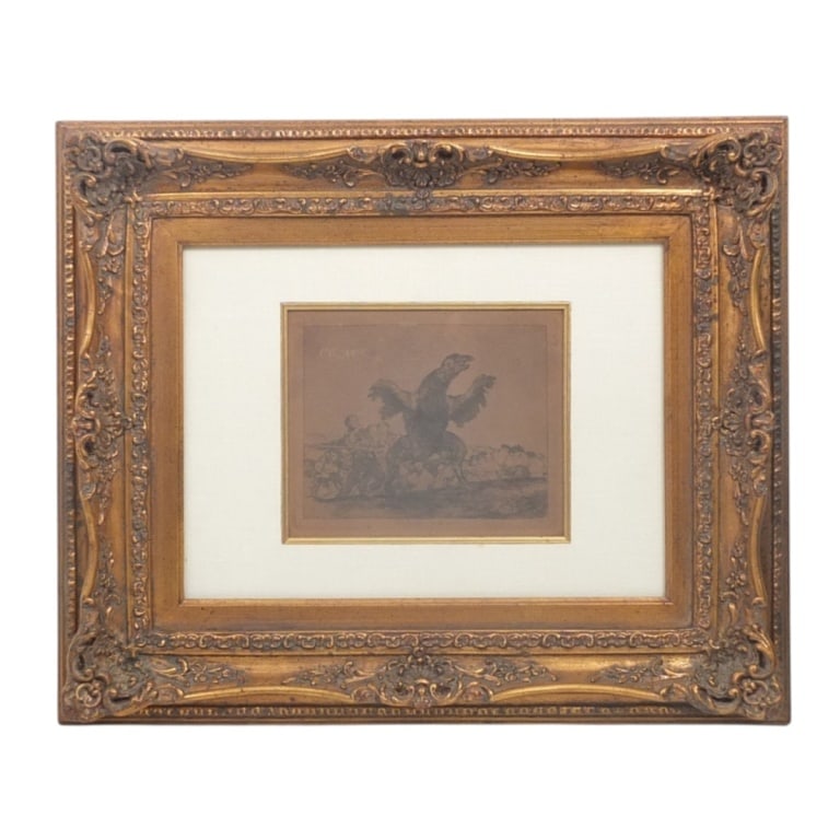 Francisco Goya Etching "El Buitre Carnivoro": Francisco Goya (Spanish 1746-1828) Drypoint etching "El Buitre Carnivoro", plate 76 from "Disasters of War". Framed under glass. Measures 7-1/8" x 8-3/4" (sight), frame 19-1/4" x 23-1/4". Condition: