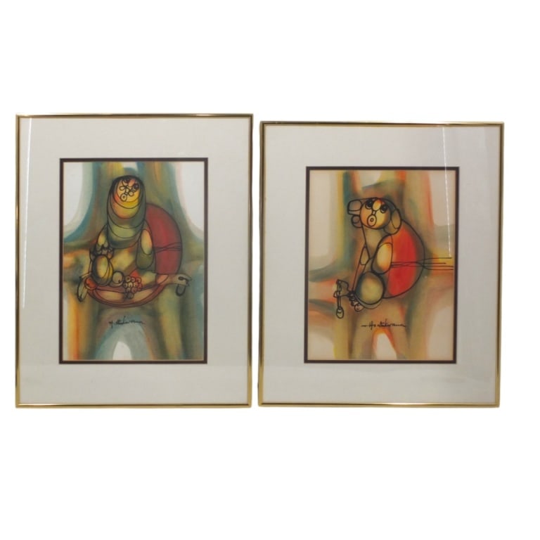 Hargreaves Ntukwana (South African) 2 Mixed Media: Hargreaves Ntukwana (South African, 1938-1999) 2 Watercolor and Ink on paper "Woman with Baskets" and "Boy with Bird". Signed. Framed under glass. Measures 13" x 9", frame 19-1/4" x 15-1/2"; 12-1/4"