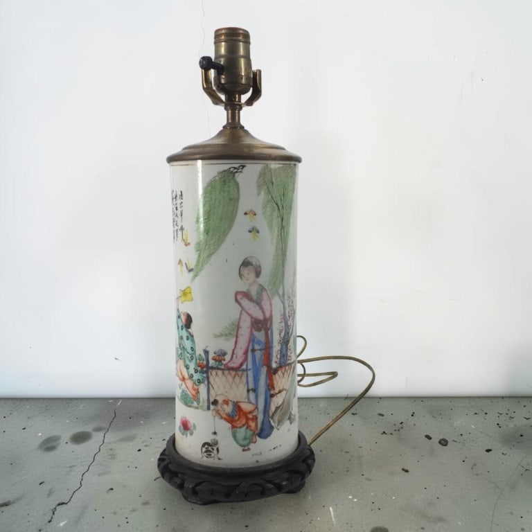 Vintage Chinese Porcelain Hat Stand Lamp: Vintage Chinese Porcelain Hat Stand Lamp. Decorated with figures in a garden center and prose. No visible signature. Measures 16-1/2" H to top of socket. Condition: Good condition. Estimate 200 - 400 