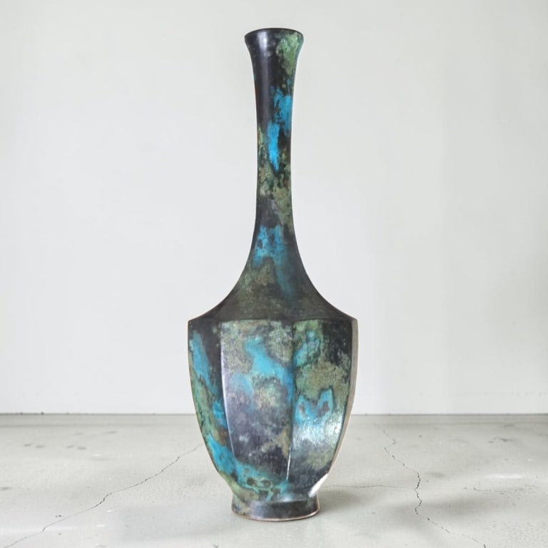 Vintage Japanese Verdigris Bronze Hexagon Vase (1 of 3)
