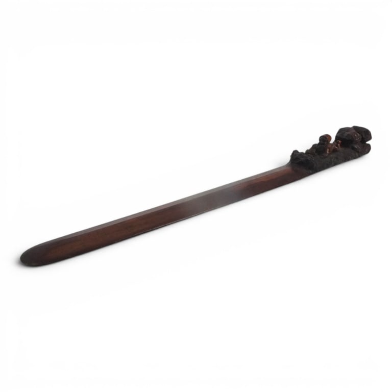 Antique Chinese Carved Boxwood Doctor's Sword: Antique Chinese Carved Boxwood Doctor's Sword, The handle features a gnome and a frog. Unsigned. Measures 14". Condition: Good condition. Nice patina. Estimate 100 - 200 Domestic shipping Third Party