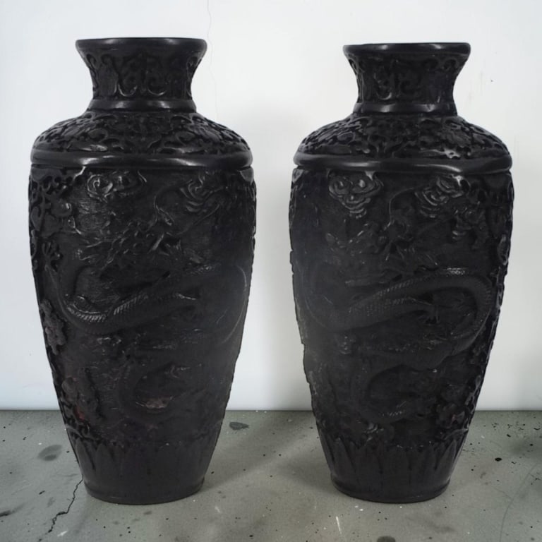 Pair Chinese Black Cinnabar Vases: Pair Chinese Black Cinnabar Vases. Carved dragon motif. Signed. Measures 8-3/4" H. Condition: Good condition. Estimate 160 - 320 Domestic shipping Third Party