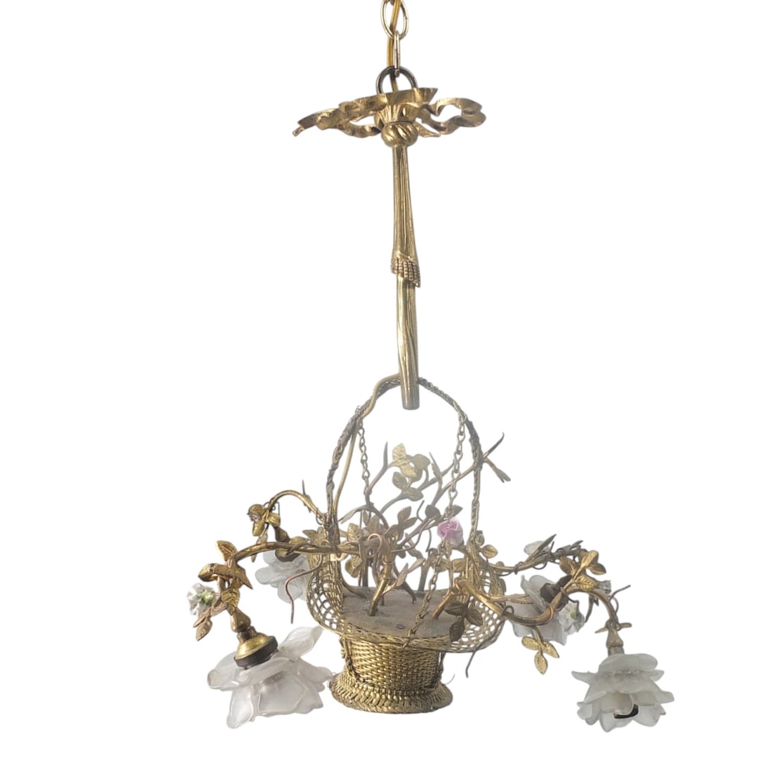 French Belle Epoque Bronze Basket Chandelier: French Belle Epoque Bronze, Glass & Porcelain Floral Basket Chandelier. The floral chandelier made of bronze and decorated with porcelain flowers has central body shaped like a woven basket. 4 "stem"