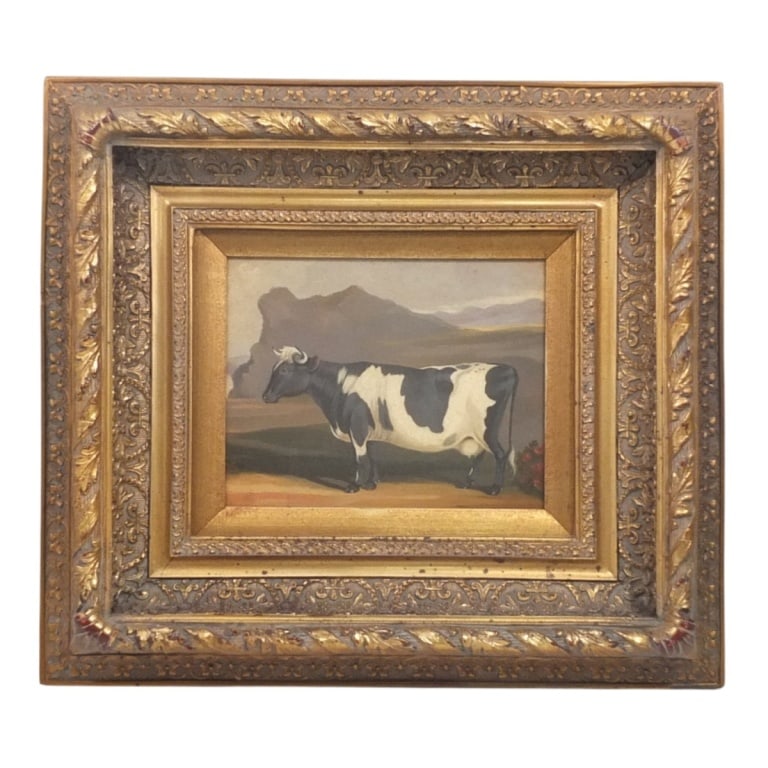 Antique Oil on Panel "Portrait of a Cow". Signed: Antique Oil on Panel "Portrait of a Cow". Monogrammed lower left. Measures 8" x 10", frame 16-3/4" x 18-3/4". Condition: Crazing or in good condition. Estimate 200 - 400 Domestic shipping Third Party