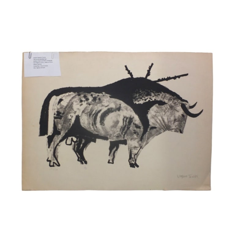 Joaqquin Vacquero Turcios Lithograph "Corrida": Joaquin Vacquero Turcios (Spanish, 1933-2010) Lithograph "Corrida". Pencil signed and numbered 144/150, blind stamp L'Oeuvre Grave. Full sheet measures 22-1/8" x 29-7/8". Condition: Toning, scratch