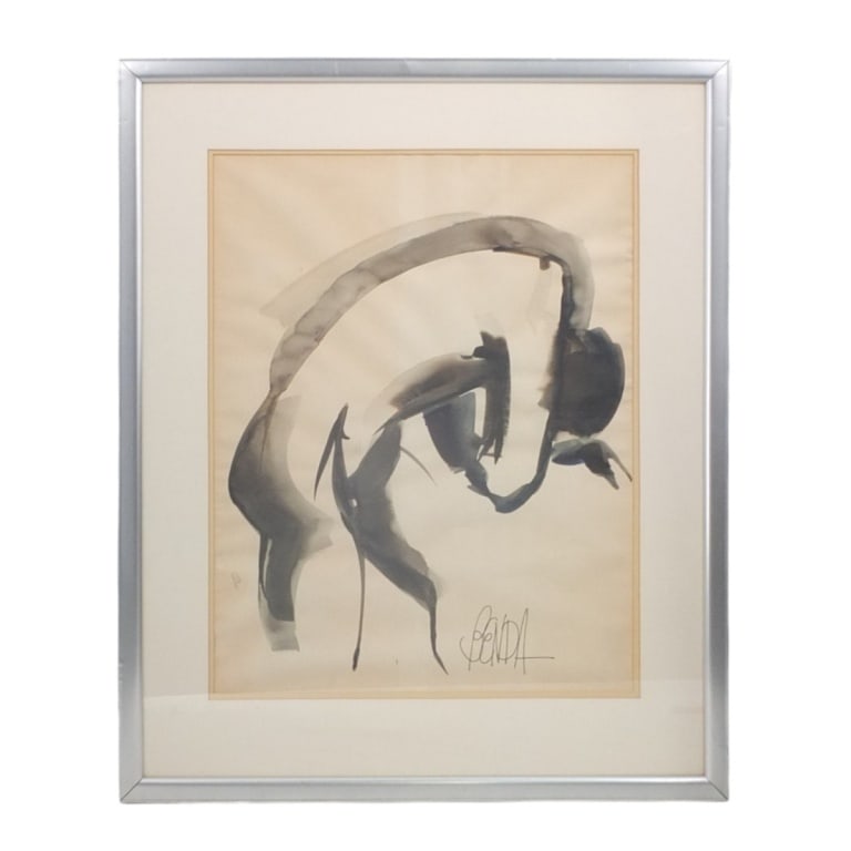 Richard Benda Watercolor on Paper "Male Nude": Richard Benda (American, 1934-2016) Watercolor on Paper "Male Nude". Signed lower right. Framed under glass. Measures 22-1/2" x 17-1/2", frame 31" x 25-1/2". Condition: Toning consistent with age.