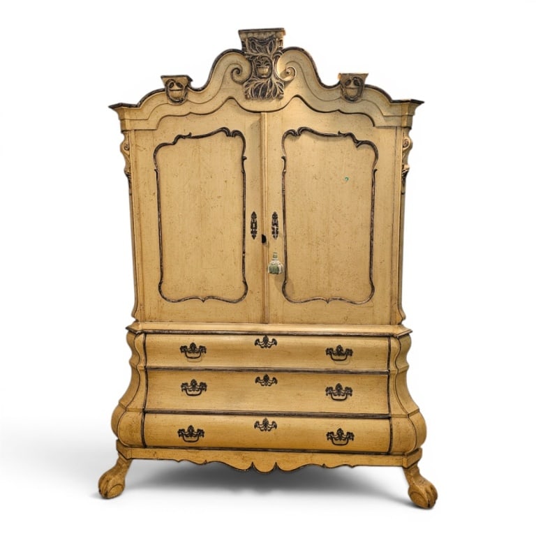 Large Neoclassical Style Dresser: Large Vintage Neoclassical Style Painted Dresser Standing on Ball and Claw Feet. Key included. Measures 8 feet height, 6 feet wide, 2 feet depth. Condition: Rubbing and scuffs to the surface.