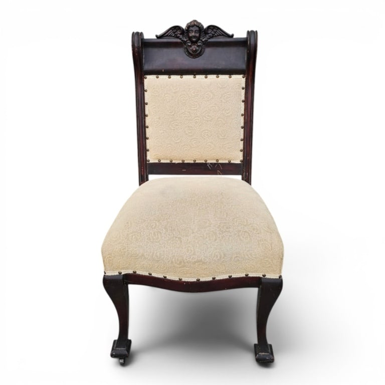 Antique Victorian Side Chair: Antique Victorian Carved Walnut Upholstered Side Chair. Measures 40" x 21" x 19-1/2". Condition: Rubbing to the wooden frame. Toning to the upholstered. Estimate 100 - 300 Domestic shipping Third