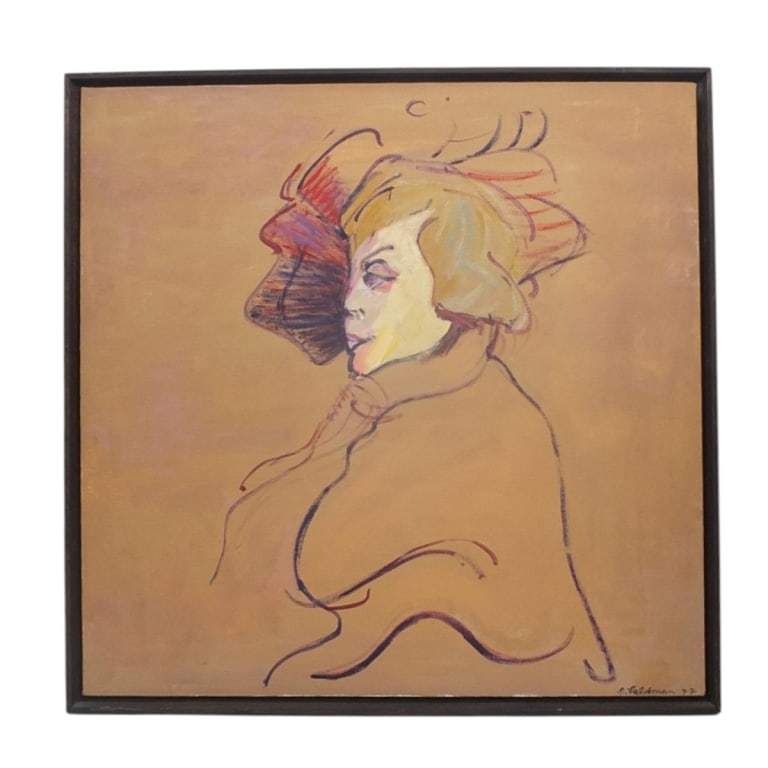 Style of Lautrec Oil/Canvas "Portrait of a Woman": Vintage oil on canvas in the style of Toulouse Lautrec "Portrait of a Woman". Signed ? Feldman '77 lower right. Measures 30" x 30", frame 31-1/2" x 31-1/2". Condition: Good condition. Estimate 120 -