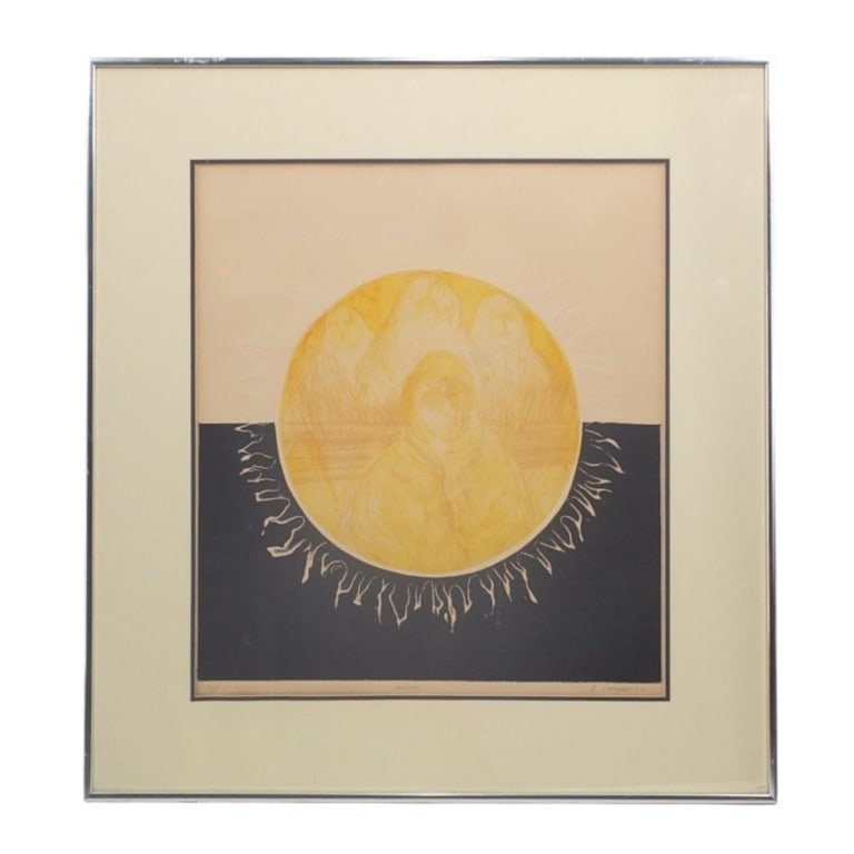 B. Campbell Color Lithograph "Eclipse": B. Campbell (20th C) Color Lithograph "Eclipse". Pencil signed, titled and numbered 10/10. Framed under glass. Measures 20-1/4" x 17-3/4" (sight), frame 28-1/4" x 26-1/4". Condition: Toning