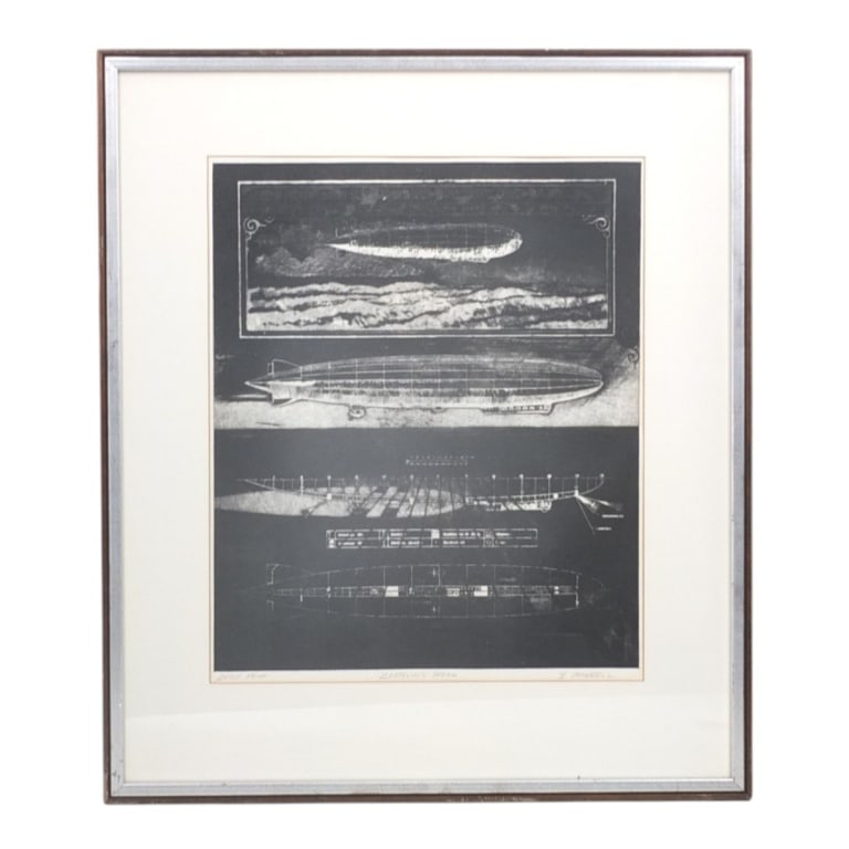 B. Campbell Lithograph "Zeppelin's Dream": B. Campbell (20th C) Black & White Lithograph "Zeppelin's Dream". Pencil signed, titled and Artists Proof. Framed under glass. Measures 20-1/2" x 17" (sight), frame 29-1/4" x 25-1/4". Condition: