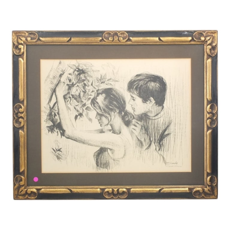 Sandu Lieberman Lithograph "Young Love": Sandu Lieberman Lithograph "Young Love". Pencil signed lower right. Well framed under glass. Measures 19" x 25" (sight), frame 28" x 34". Condition: Toning or in good condition. Estimate 80 - 160