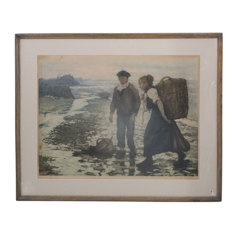 Manuel Robbe Aquatint "The Days Catch": Manuel Robbe (French, 1872-1936) Color Aquatint "The Days Catch". Pencil signed lower right and numbered 165 lower left. Framed under glass. Measures 18" x 23-1/2" (sight), frame 24-1/2" x 30". Estima