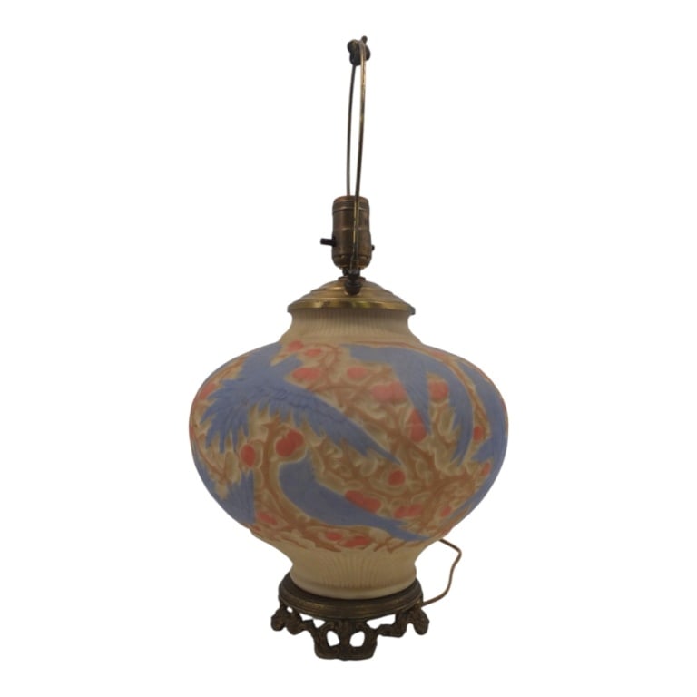Phoenix Consolidated "Sculpted" Art Glass Lamp: Antique Phoenix Consolidated "Sculpted" Art Glass Lamp. Birds and berries motif. No visible marks. Glass measures approx. 9" H, 14" H overall to top of socket. Condition: Good condition. Estimate 80