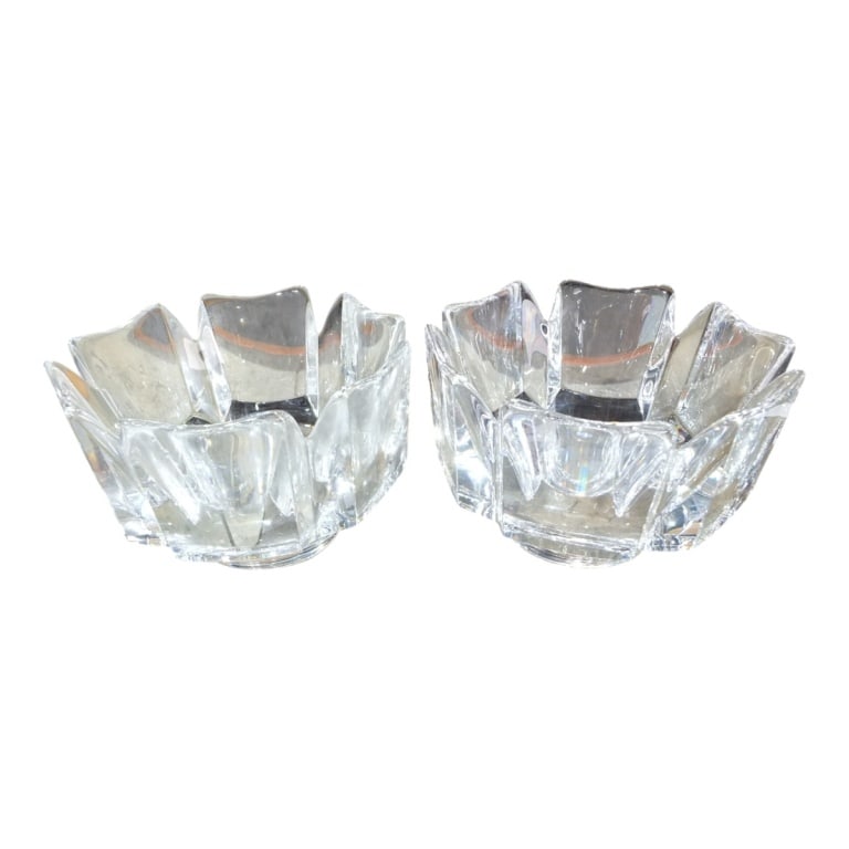Pair of Orrefors "Corona" Crystal Bowls: Pair of Orrefors "Corona" Crystal Bowls. Unsigned. Measures 3-3/4" x 5-3/4". Condition: 1 with chips on bottom, the other in good condition. Estimate 160 - 320 Domestic shipping Third Party