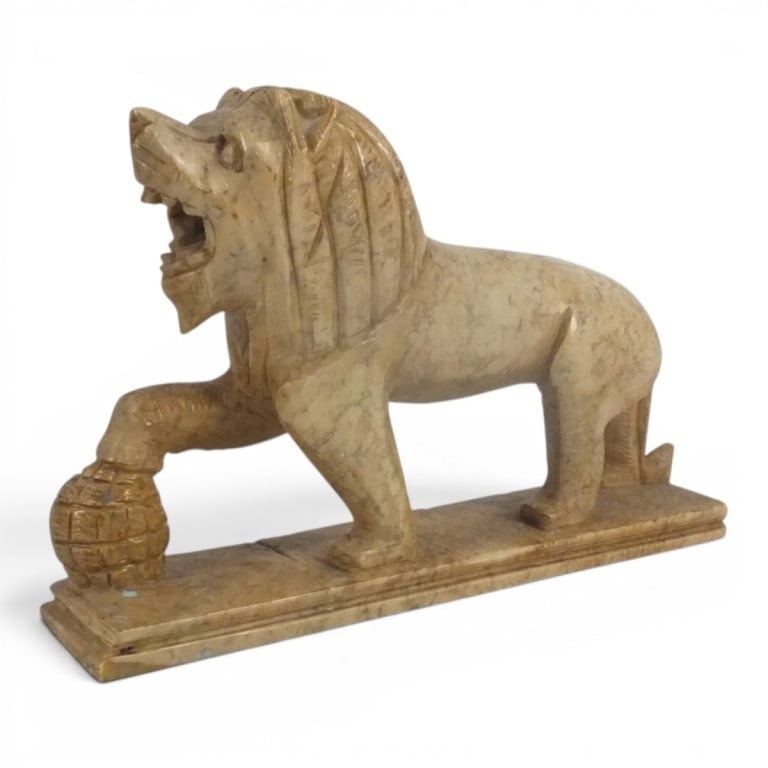 Grand Tour Carved Stone Medici Lion Sculpture: Grand Tour Carved Stone Medici Lion Sculpture. Old label on underside. Measures 4-1/4" x 6". Condition: Good condition. Estimate 60 - 120 Domestic shipping Third Party