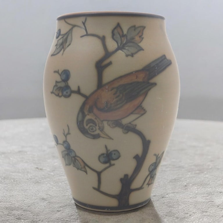 Lauritz Hjorth Denmark Ceramic "Bird" Vase: Lauritz Hjorth Danish, 1834-1912) Art Nouveau Ceramic "Bird" Vase. Impressed mark. Measures 5-1/2" H. Condition: A few small scuffs, no chips, cracks or crazing. Good condition. Estimate 60 - 120