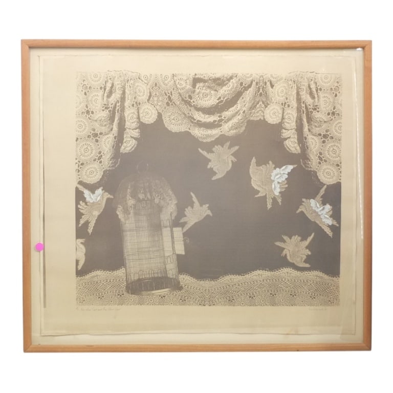 Vintage Lithograph "One Flew East, One Flew West": Vintage Lithograph & Lace Mixed Media on Paper "One Flew East, One Flew West". Titled in pencil, signed illegibly and dated '81. Framed under glass. Full sheet measures 26" x 29-1/2", frame 29-1/4" x