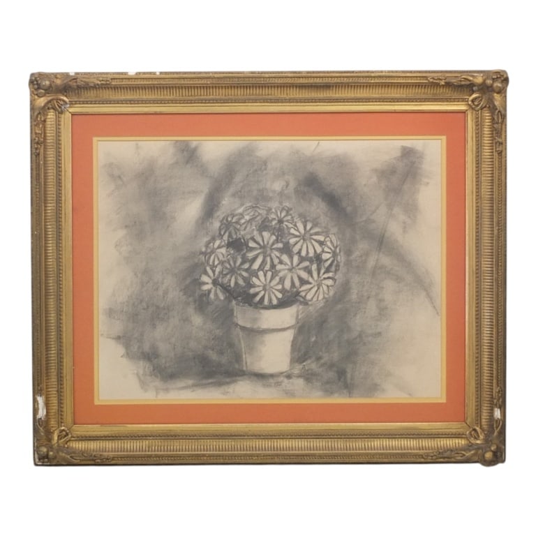 Mid Century Charcoal Drawing Still Life of Flowers (1 of 4)