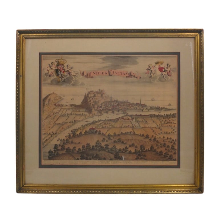 Joan Blaeu Etching "Nicaea Civitas" View of Nice: Joan Blaeu (Dutch, 1596-1673) Antique Colored Etching "Nicaea Civitas" (View of Nice). Framed under glass. Measures 19-1/4" x 23-1/2" (sight), frame 28-1/2" x 32-1/2". Condition: Toning consistent