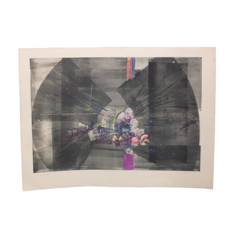 Betty Blayton Monoprint "Improv #4" '77: Betty Blayton-Taylor (American, 1938-2016) Monoprint on paper "Improv #4". Pencil signed and dated '77. Full sheet measures 22" x 29-1/2". Condition: Light toning, consistent with age, some soiling
