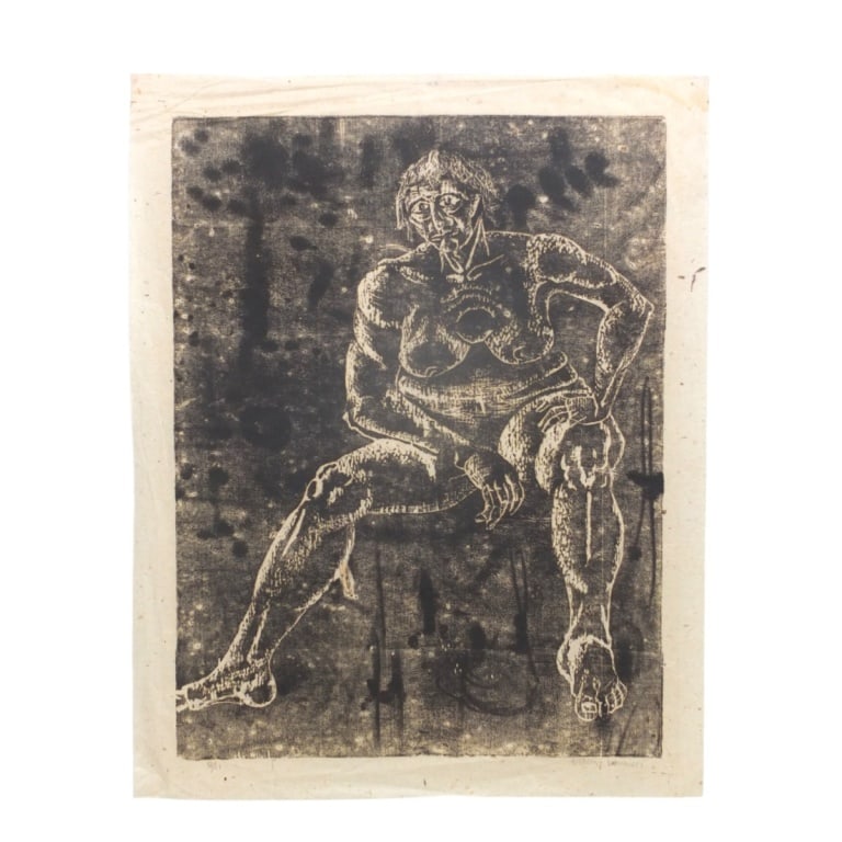 Anthony Iannucci Linocut "Seated Figure": Anthony Iannucci Linocut "Seated Figure". Signed and numbered 8/11. Unframed. Measures 27" x 21". Condition: Some creases to edges or good condition. Estimate 60 - 120 Domestic shipping Third Party