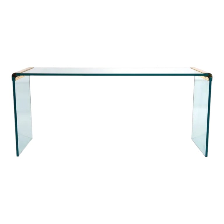Mid-Century Pace / Karl Springer Console Table: Mid-Century Pace / Karl Springer Brass and Glass Console Table. Measures 27"-1/2" x 63" x 15". Condition: Good Condition Estimate 200 - 400 Domestic shipping Third Party