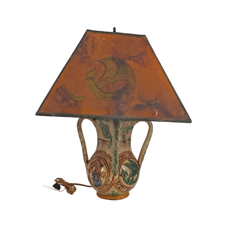 Antique Deruta Italian Majolica Ceramic Lamp: Antique Deruta Italian Majolica Ceramic Lamp. Features a 4 handled ceramic vessel as lamp base with a decorated paper lampshade over a 2 light socket. Signed "Made in Italy" to underside. Measures 23-