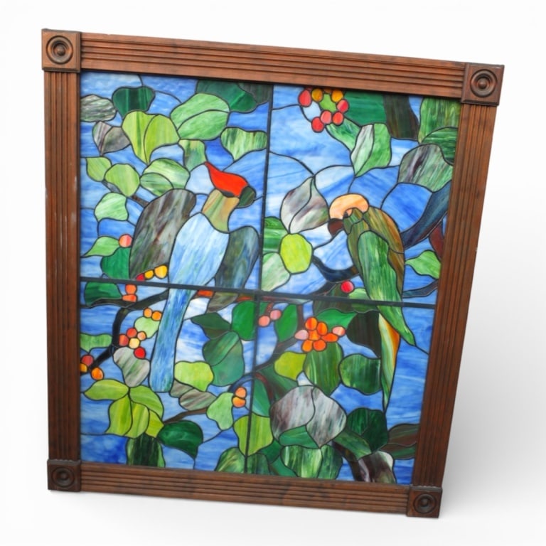 Large Electrified Stained Glass Window "Parrots" - 3