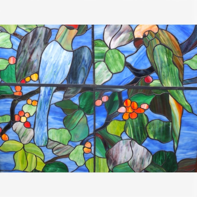 Large Electrified Stained Glass Window "Parrots" - 8