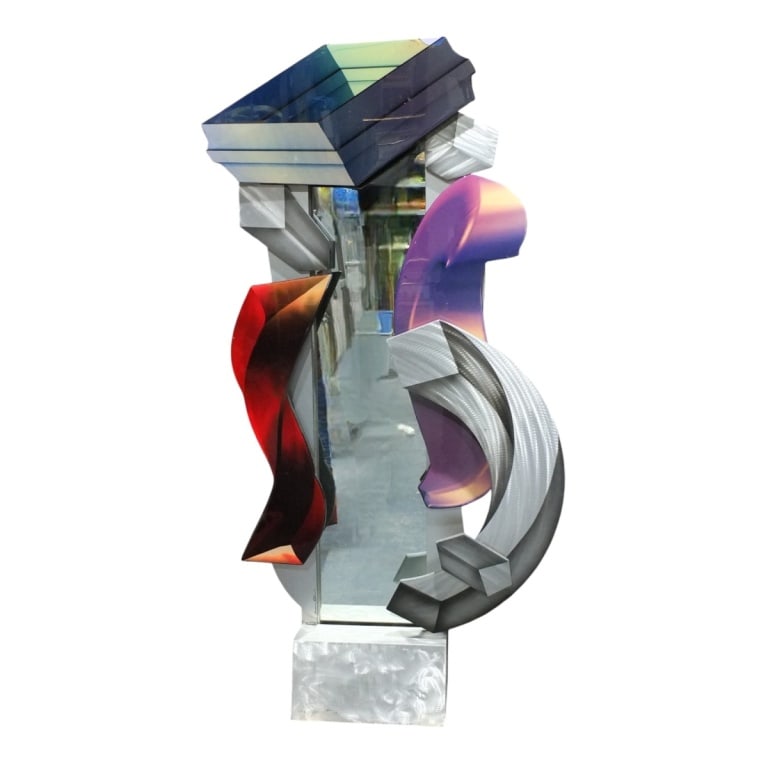 Large Signed Postmodern Mirror: LARGE signed impressive postmodern free standing mirror. Has been mounted as a water fountain. Measures 80-1/4" x 40-1/2" Please note; mirror has been altered. Condition: Has an area at the top right